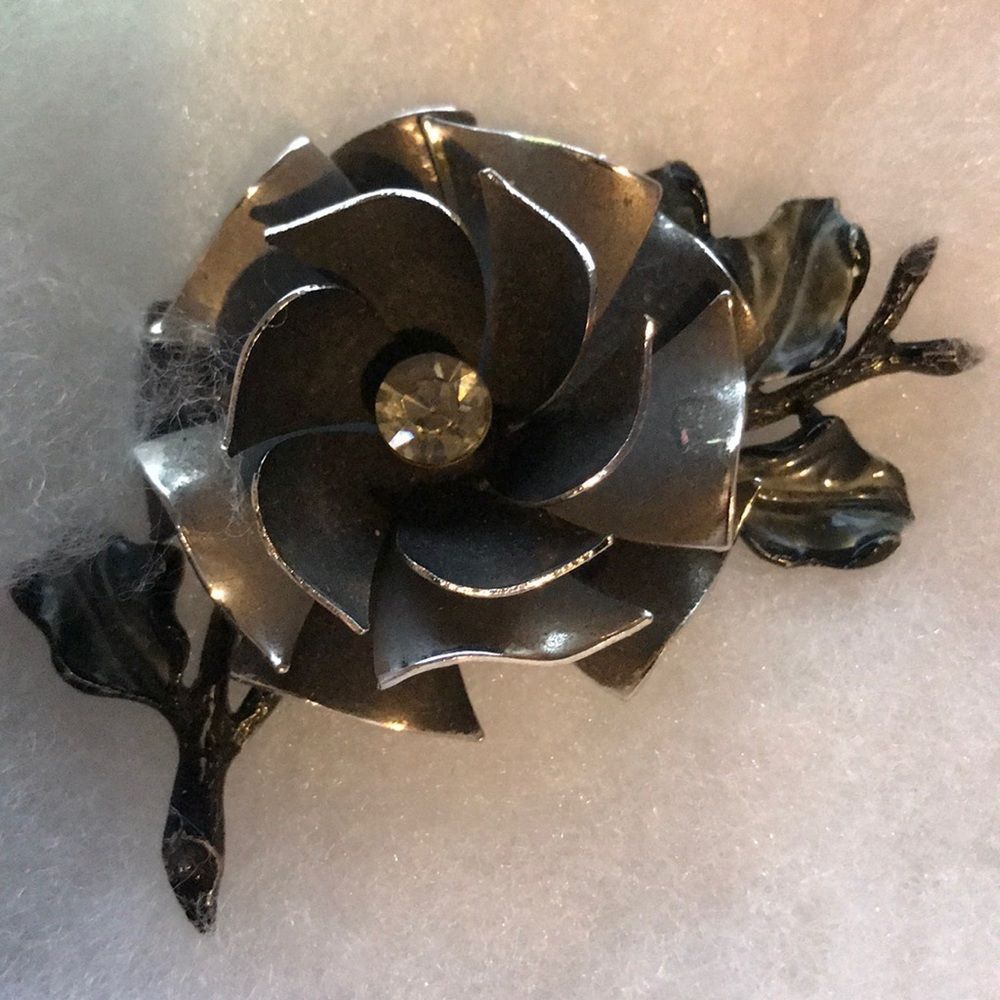 Vintage Coro Silver Enamel Rhinestone Brooch
